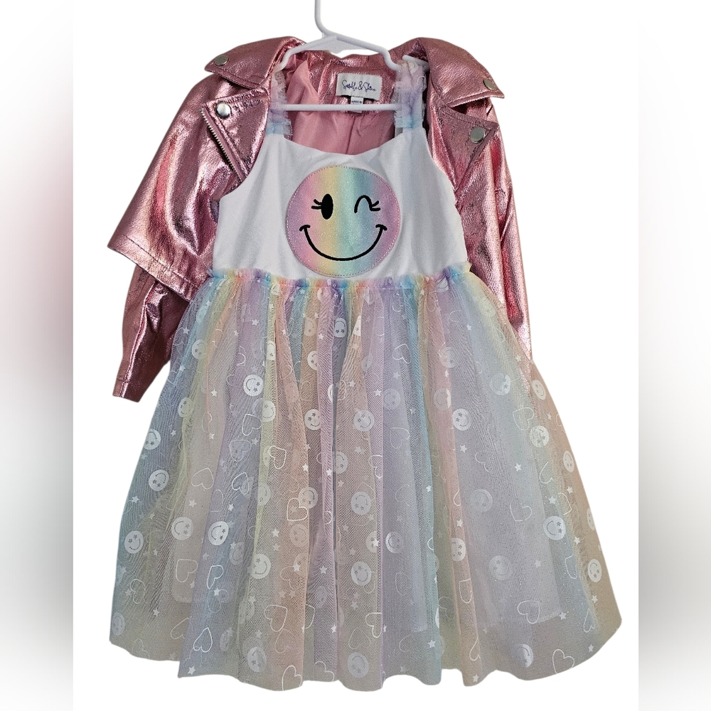 NWT Sparkle & Shine Girls Smiley Face Mesh Dress Metallic Moto Jacket Set, 4T - Picture 4 of 16